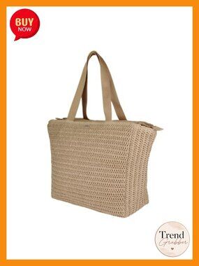 Woven Straw Beach Tote Bag with Zipper and Shoulder Straps